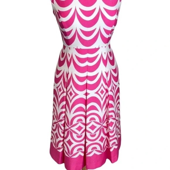 TALBOTS Geo Scallop Cap Sleeve Fit & Flare Pleated Dress Pink/White 6 - Picture 13 of 14